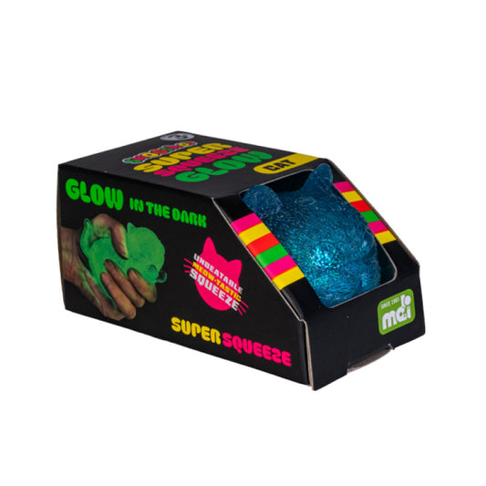 Super Squeeze toy packaging with a blue and green cat on a white background