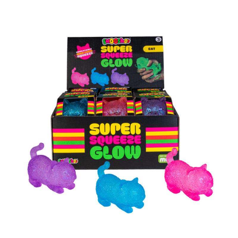 Super Squeeze Glow toy packaging with three cats displayed in front on a white background