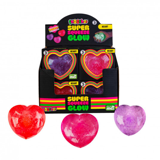 Heart-shaped Smooshos Super Squeeze Glow in the Dark Heart glow toys with packaging on a white background