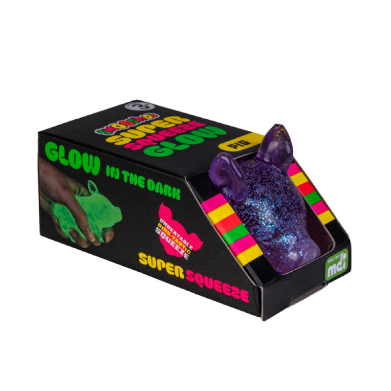 Smooshos Super Squeeze Glow in the Dark Pig packaging with a purple glittery toy and text 'Glow in the Dark' on a white background.