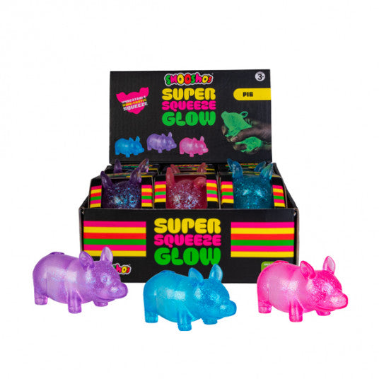 Display of SSmooshos Super Squeeze Glow in the Dark Pig with colorful packaging on a white background