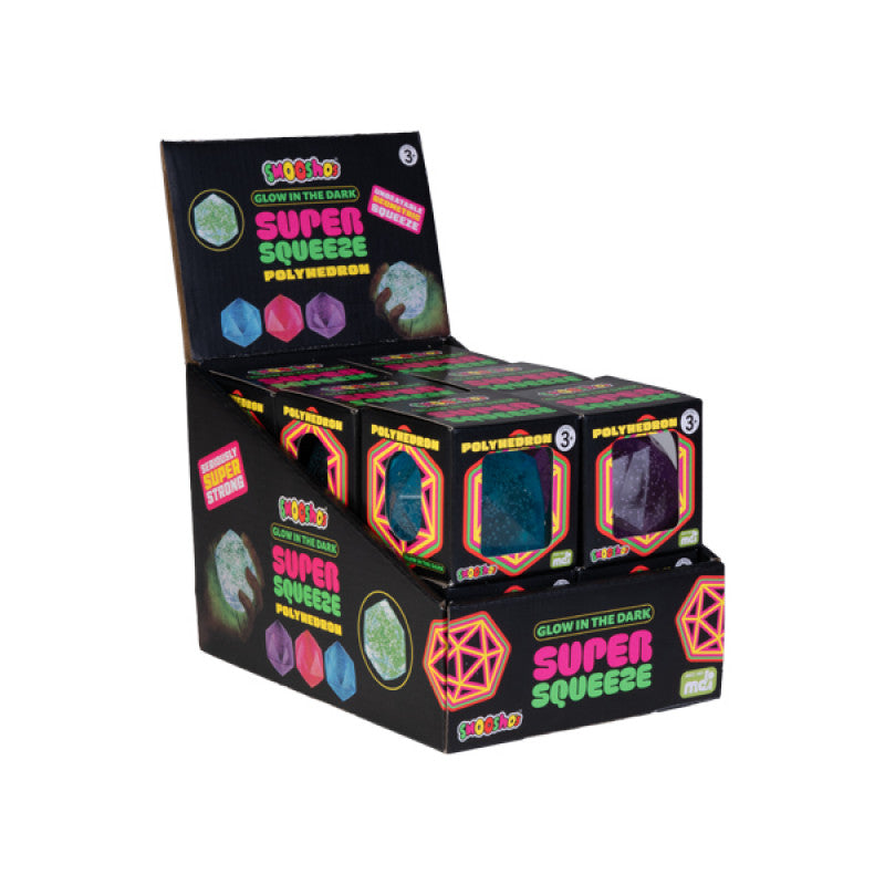 Display box of Super Squeeze Polyhedron toys with colorful geometric shapes on a white background