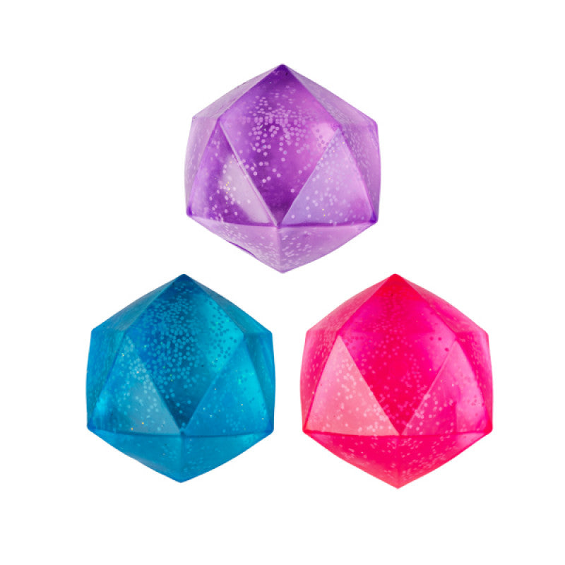 Three Smooshos Super Squeeze Glow in the Dark Polyhedrons in purple, blue, and pink on a white background