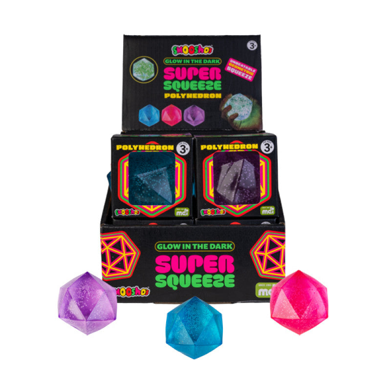 Smooshos Super Squeeze Glow in the Dark Polyhedron with packaging on a white background