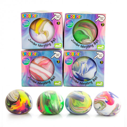 Four boxes of Snooth Jumbo Morthing Balls with colorful marbled designs on a white background.