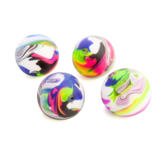 Four colorful Smoosho Swirl Ball!with swirl patterns on a white background 