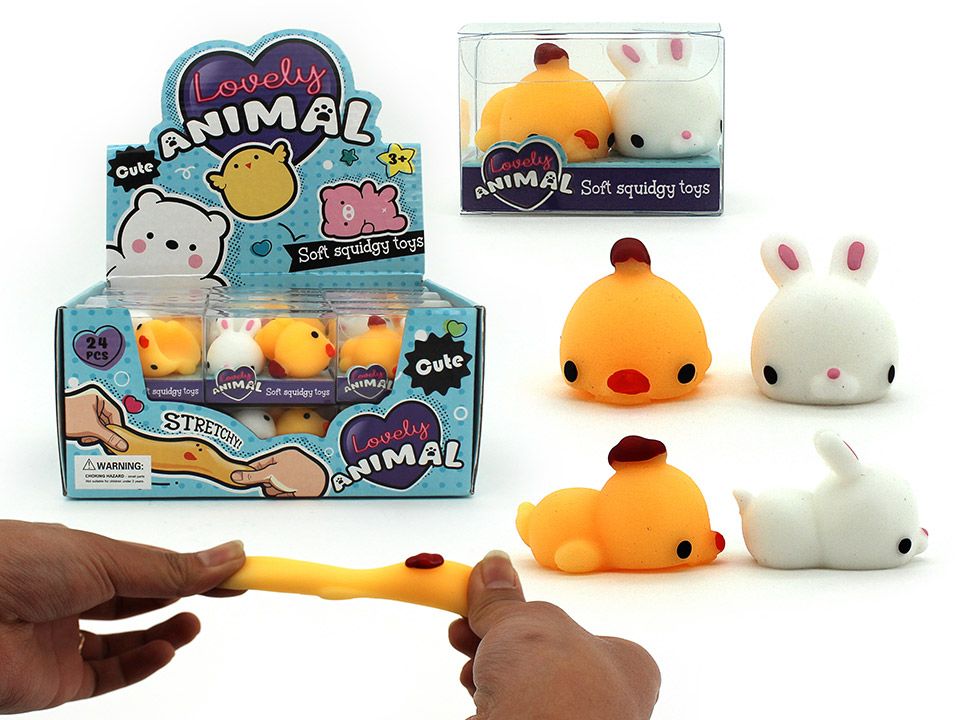 Squeezy Soft Squidgy Bunny and Chick pictured facing front, side and in packaging.