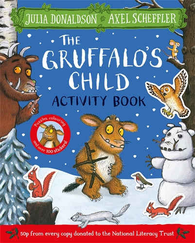Cover of 'The Gruffalo's Child Activity Book' with characters and activities on a snowy background.