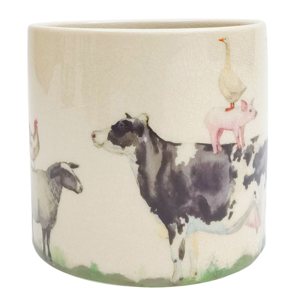 Urban Products Farm Planter 12 cm ceramic pot featuring illustrated farm animals on a cream background.