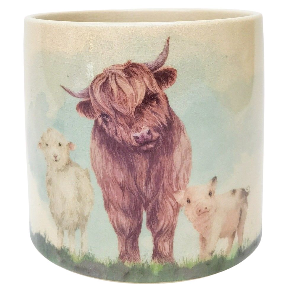 Urban Products Highland Cow & Friends 17 cm brown ceramic planter featuring illustrated Highland cow and farm animals.