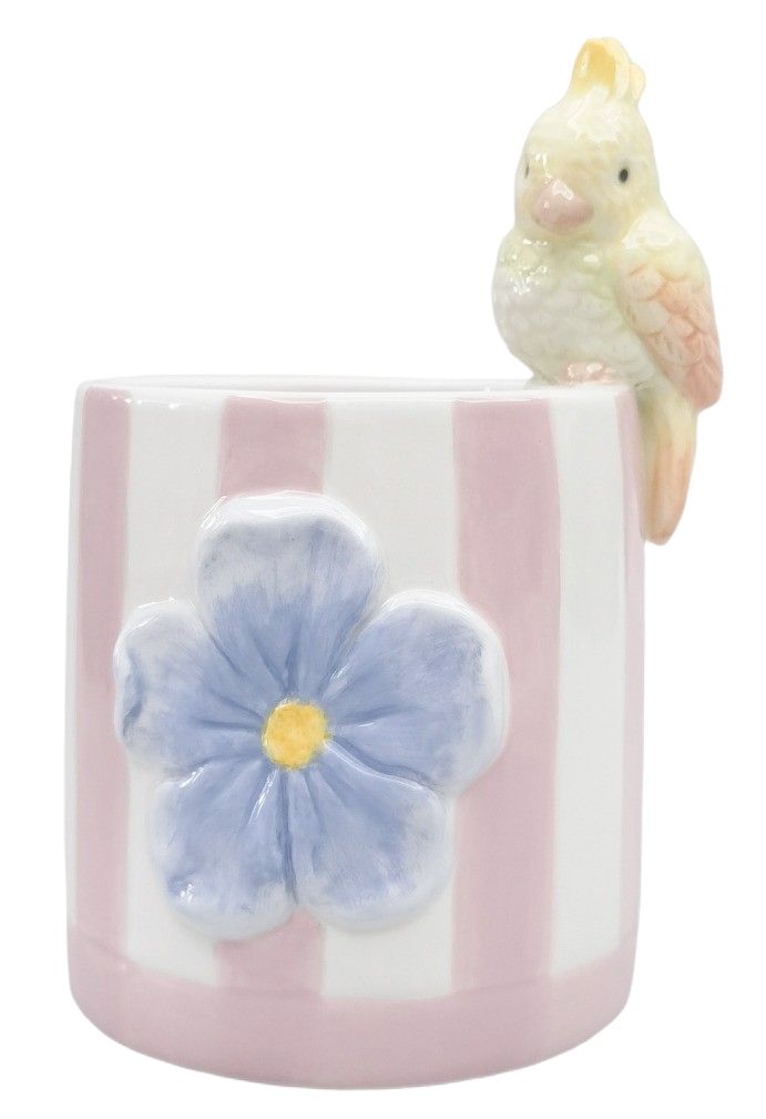 Urban Products Perdy Parrot Planter – pink striped ceramic pot with blue flower and yellow parrot perched on side, perfect for small indoor plants.