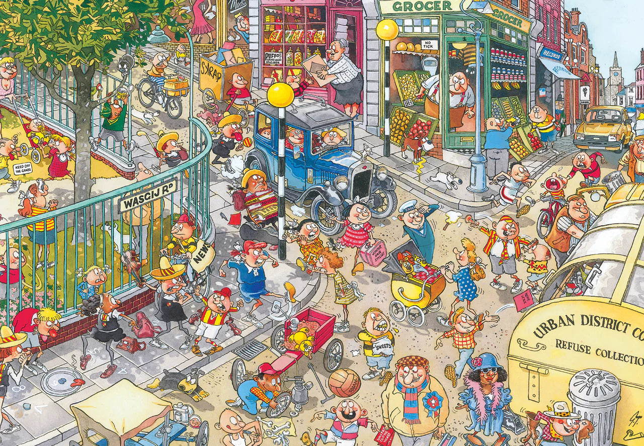 Wasgij? 1000pc Jigsaw Puzzle Retro Destiny #6 Childs Play Illustration of a busy street scene with people and vintage vehicles in a comic book style.