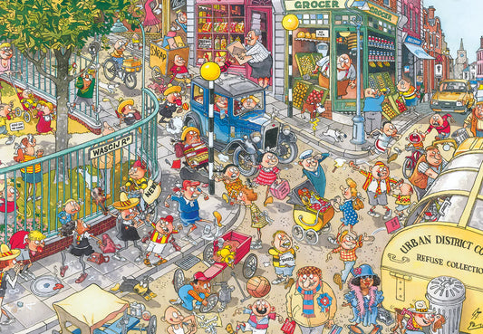 Wasgij? 1000pc Jigsaw Puzzle Retro Destiny #6 Childs Play Illustration of a busy street scene with people and vintage vehicles in a comic book style.