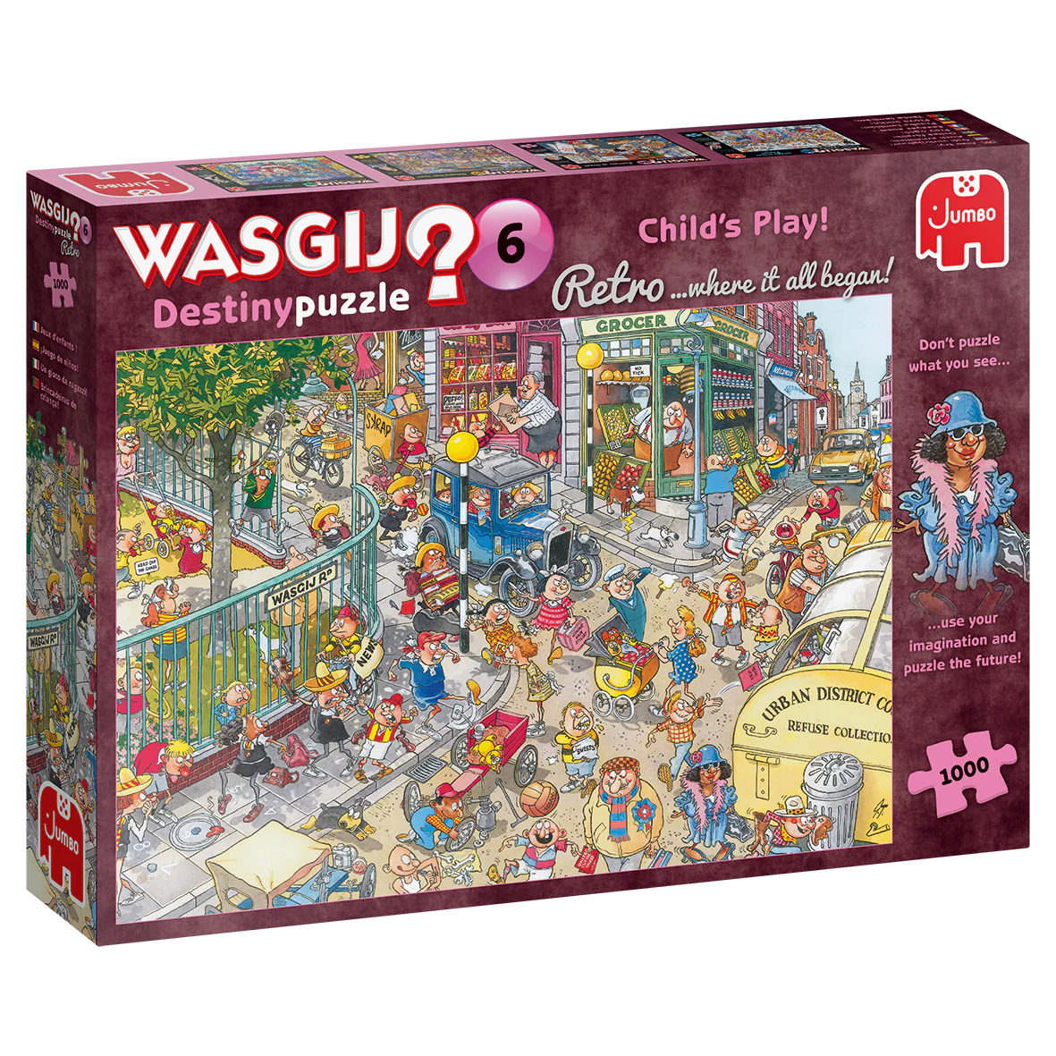 Wasgij Destiny puzzle box Wasgij? 1000pc Jigsaw Puzzle Retro Destiny #6 Childs Play with colorful illustration and 'Jumbo' branding