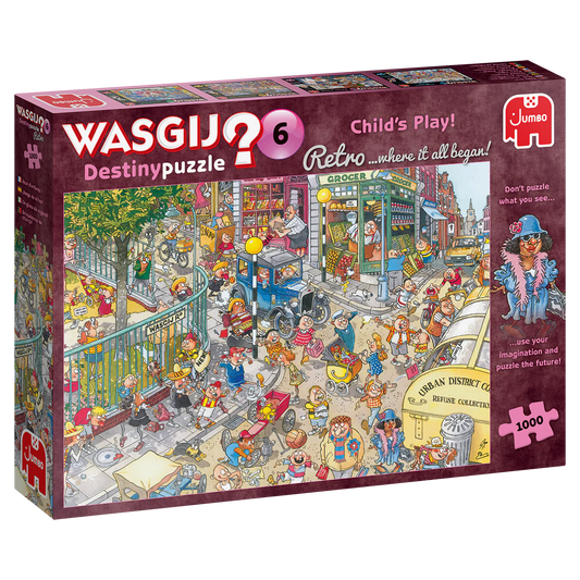 Wasgij Destiny puzzle box Wasgij? 1000pc Jigsaw Puzzle Retro Destiny #6 Childs Play with colorful illustration and 'Jumbo' branding