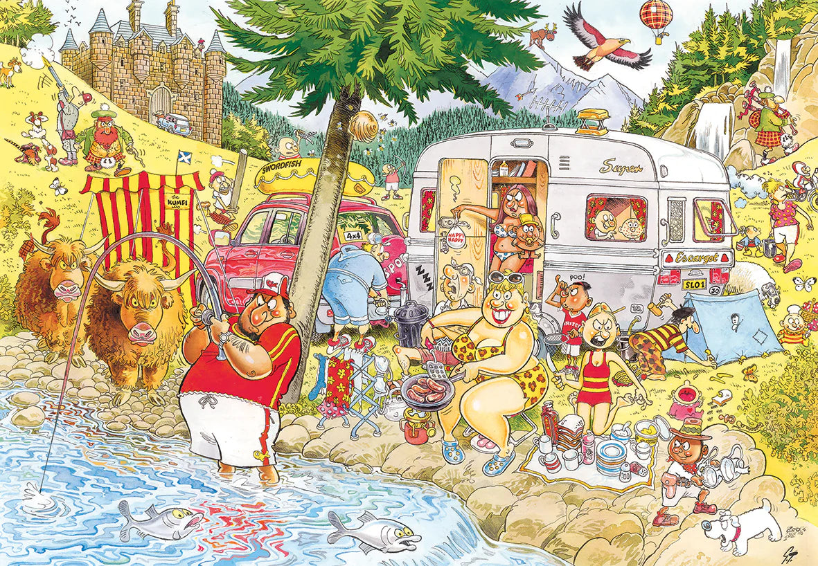 Wasgij? 1000pc Jigsaw Puzzle Retro Mystery #6 Camping Commotion Colorful illustration of a campsite with people, animals, and a caravan by a lake.