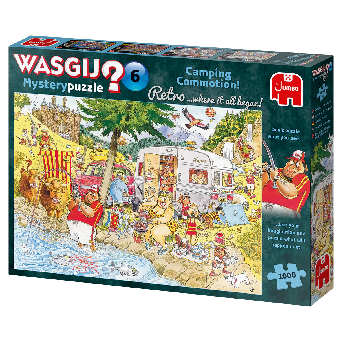 Wasgij? 1000pc Jigsaw Puzzle Retro Mystery #6 Camping Commotion packaging with colorful illustration of a camping scene and Jumbo logo.