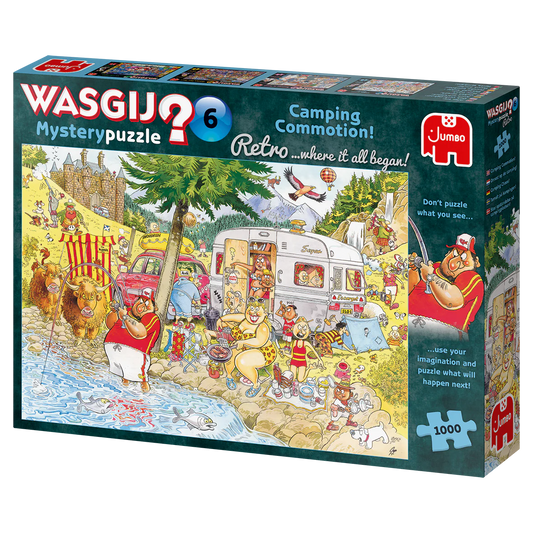 Wasgij? 1000pc Jigsaw Puzzle Retro Mystery #6 Camping Commotion packaging with colorful illustration of a camping scene and Jumbo logo.