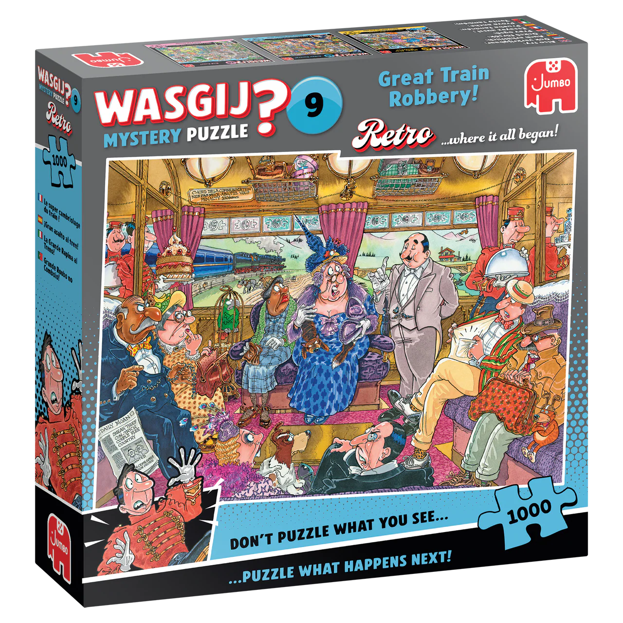 Wasgij? 1000pc Jigsaw Puzzle Retro Mystery #9 Great Train Robbery with colorful illustration of a train robbery scene
