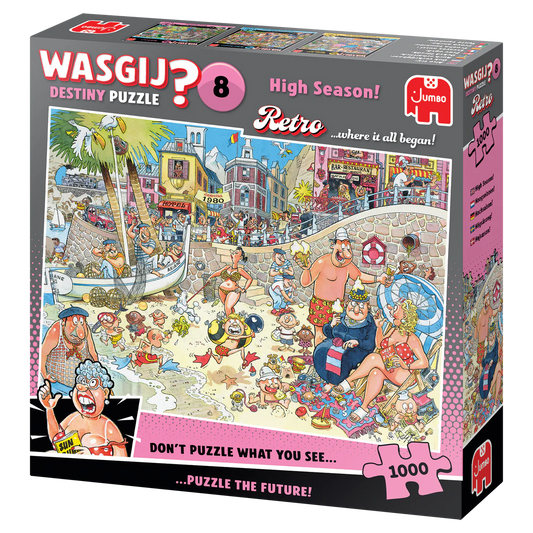 Jumbo Wasgij Destiny Puzzle 8 packaging with colorful illustration of a beach scene and puzzle details.