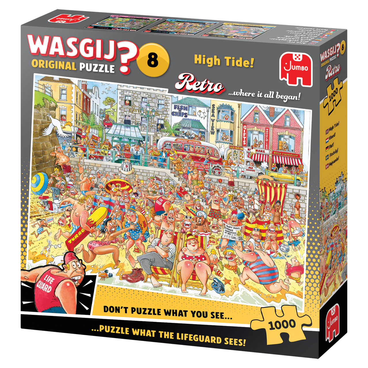 Wasgij Original Puzzle 8 packaging with colorful illustration of a beach scene and text
