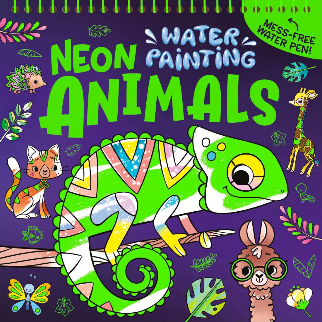 Water Painting: Neon Animals activity book showing reusable neon animal pages and water pen — mess-free colouring fun for kids aged 3–7.”