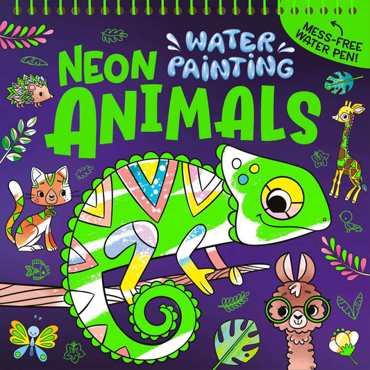 Water Painting: Neon Animals activity book showing reusable neon animal pages and water pen — mess-free colouring fun for kids aged 3–7.”