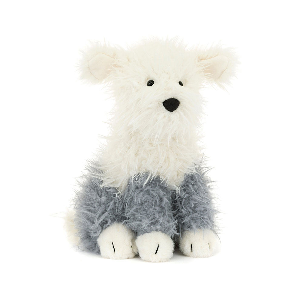 Plush toy Sheep Dog from Jellycat with white fur and grey legs on a white background.