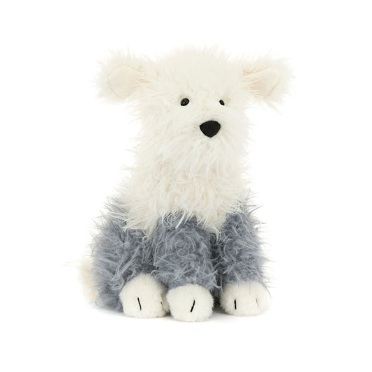 Plush toy Sheep Dog from Jellycat with white fur and grey legs on a white background.