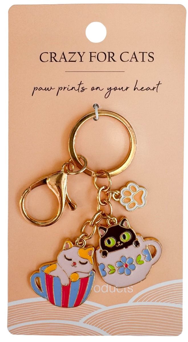 Urban Products Crazy For Cats Tea Cup Keyring black & white enamel cat design – key accessory for cat lovers