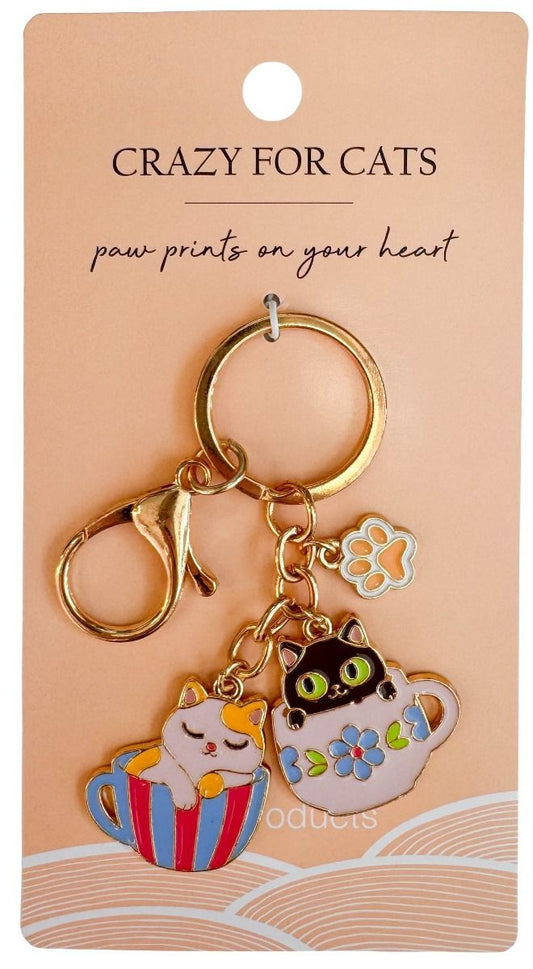 Urban Products Crazy For Cats Tea Cup Keyring black & white enamel cat design – key accessory for cat lovers