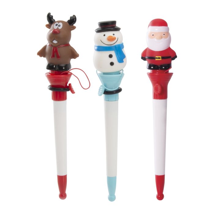 Three Christmas-themed pens with reindeer, snowman, and Santa Claus designs on a white background.