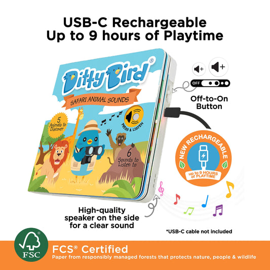 Ditty Bird safari animal sounds book with USB-C rechargeable feature on a white background