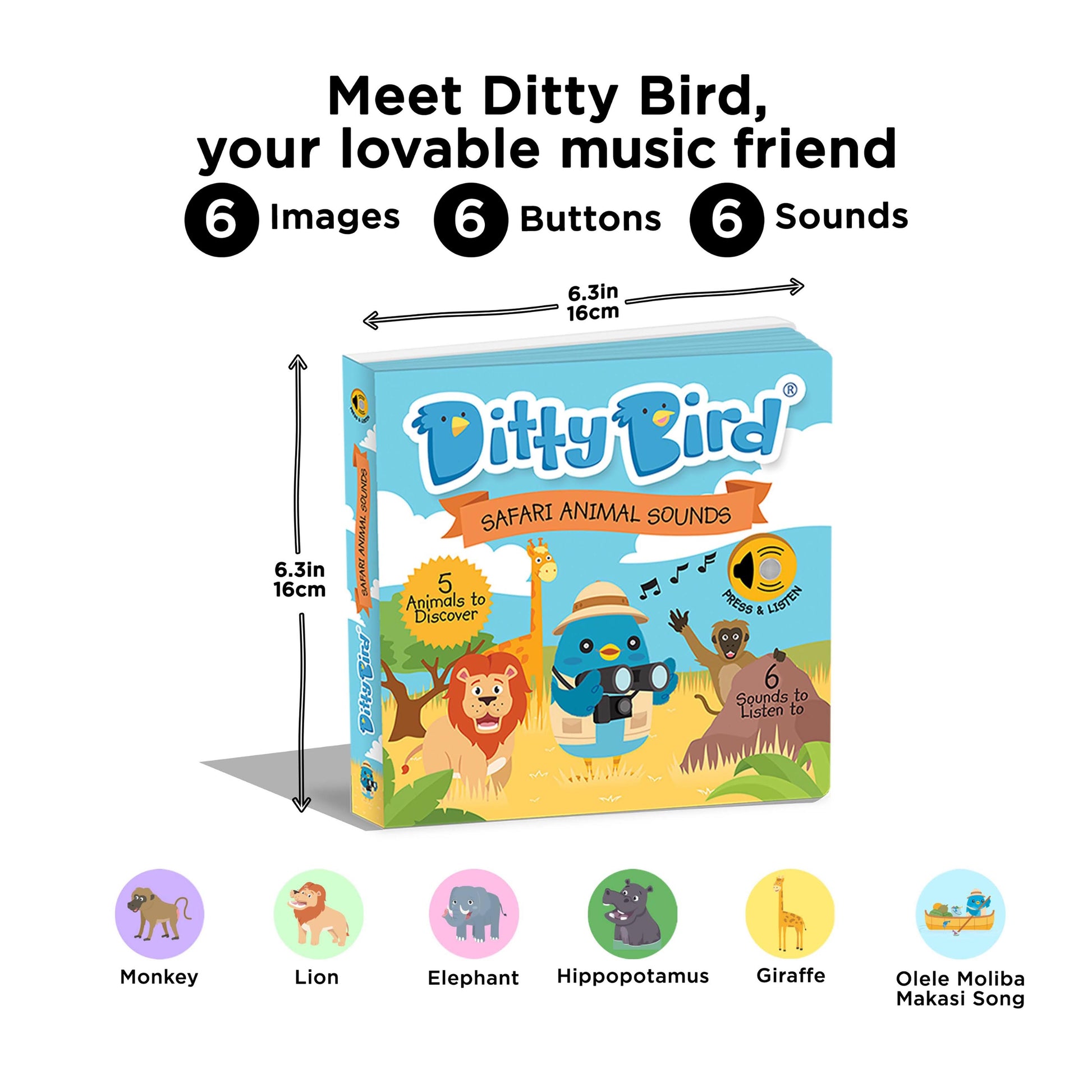 Ditty Bird educational toy packaging with features and animal illustrations on a white background
