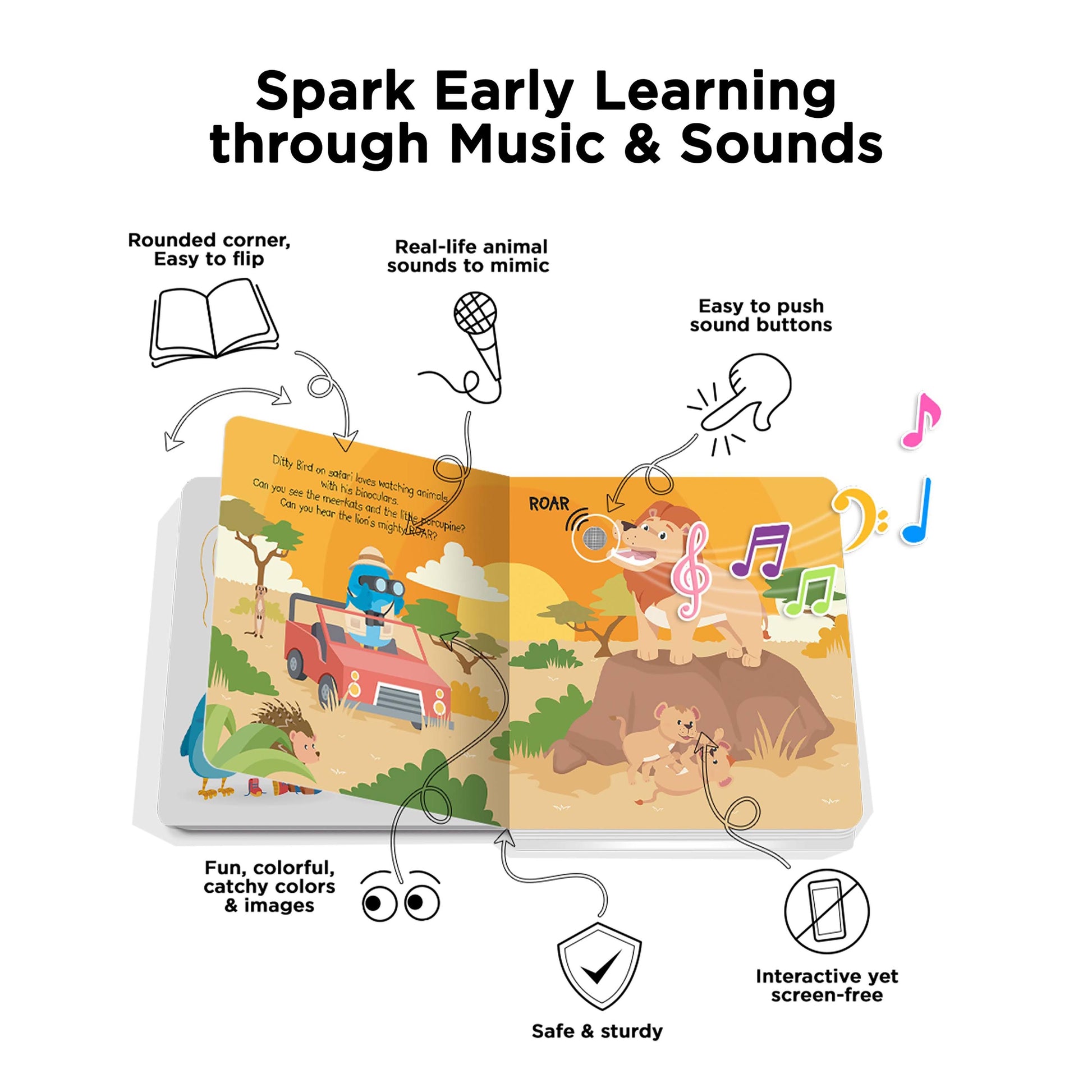 Ditty Bird children's book with music and sound features on a white background