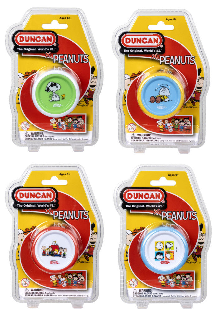 Duncan Yoyos featuring Peanuts characters against a white background.