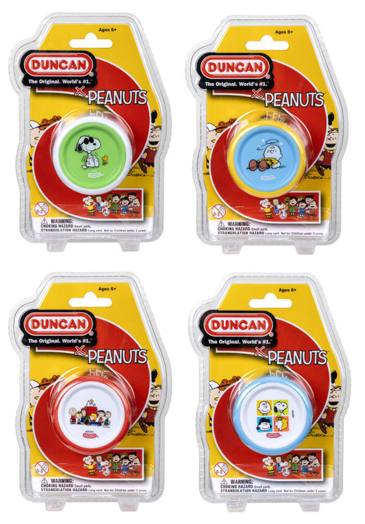 Duncan Yoyos featuring Peanuts characters against a white background.