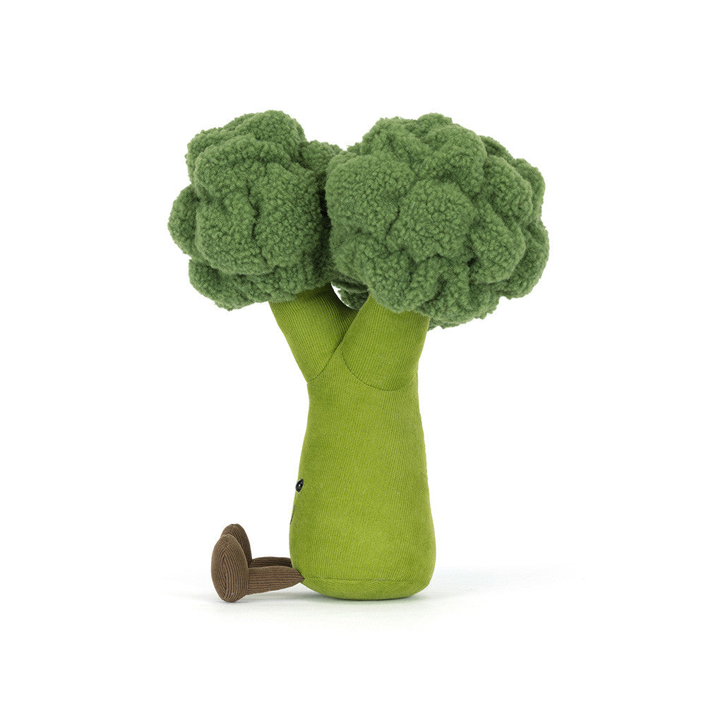 Side photo of Plush Jellycat Amuseables Plush toy shaped like a broccoli on a white background