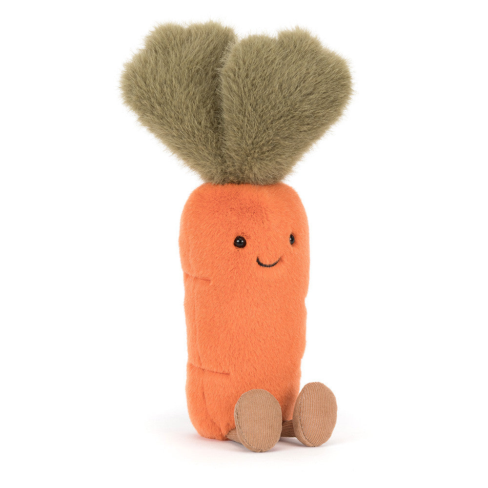 jellycat amuseables carrot Plush toy carrot with a smiling face on a white background