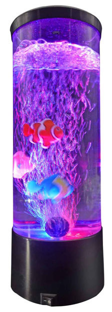 A 29cm Bubble Fish LED Colour Changing Lamp, featuring various tropical fish, with purple glow, against a white background.