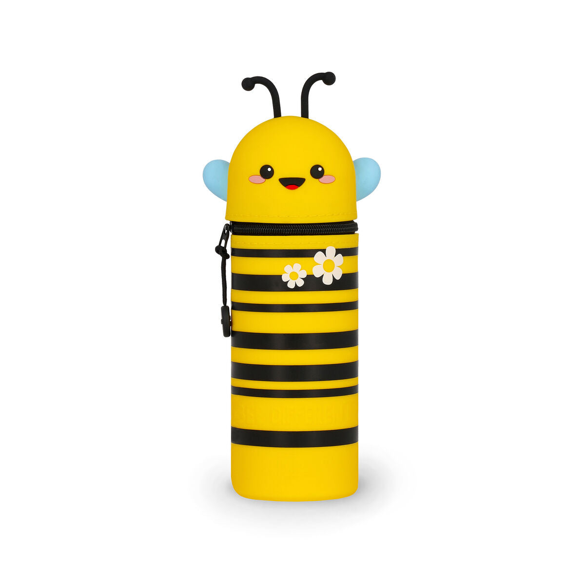 Legami Kawaii 2-in-1 Soft Silicone Pencil Case Bee design in yellow and black stripes – shown standing and zipped closed, available at Plato’s Wonder. Create. Discover