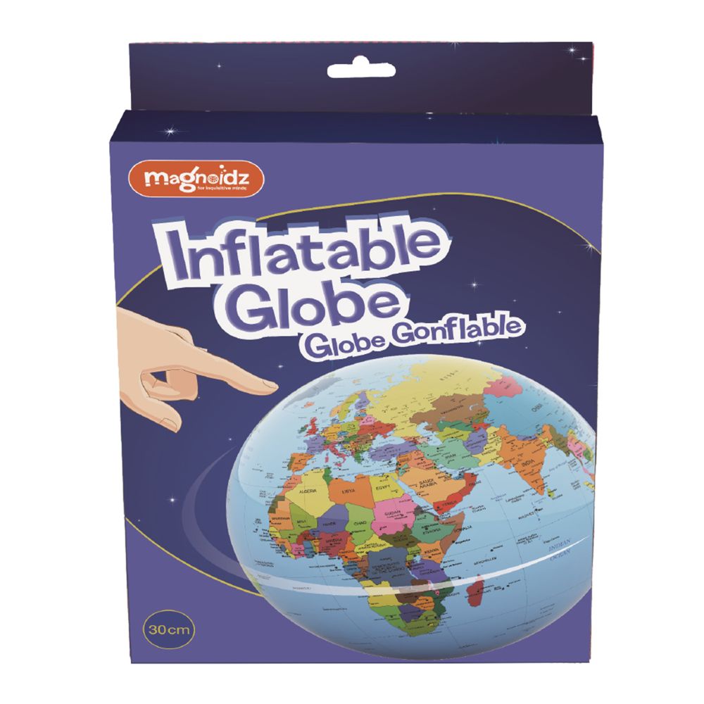 Packaging for the Magnoidz Inflatable Globe 30cm, purple box on white background.