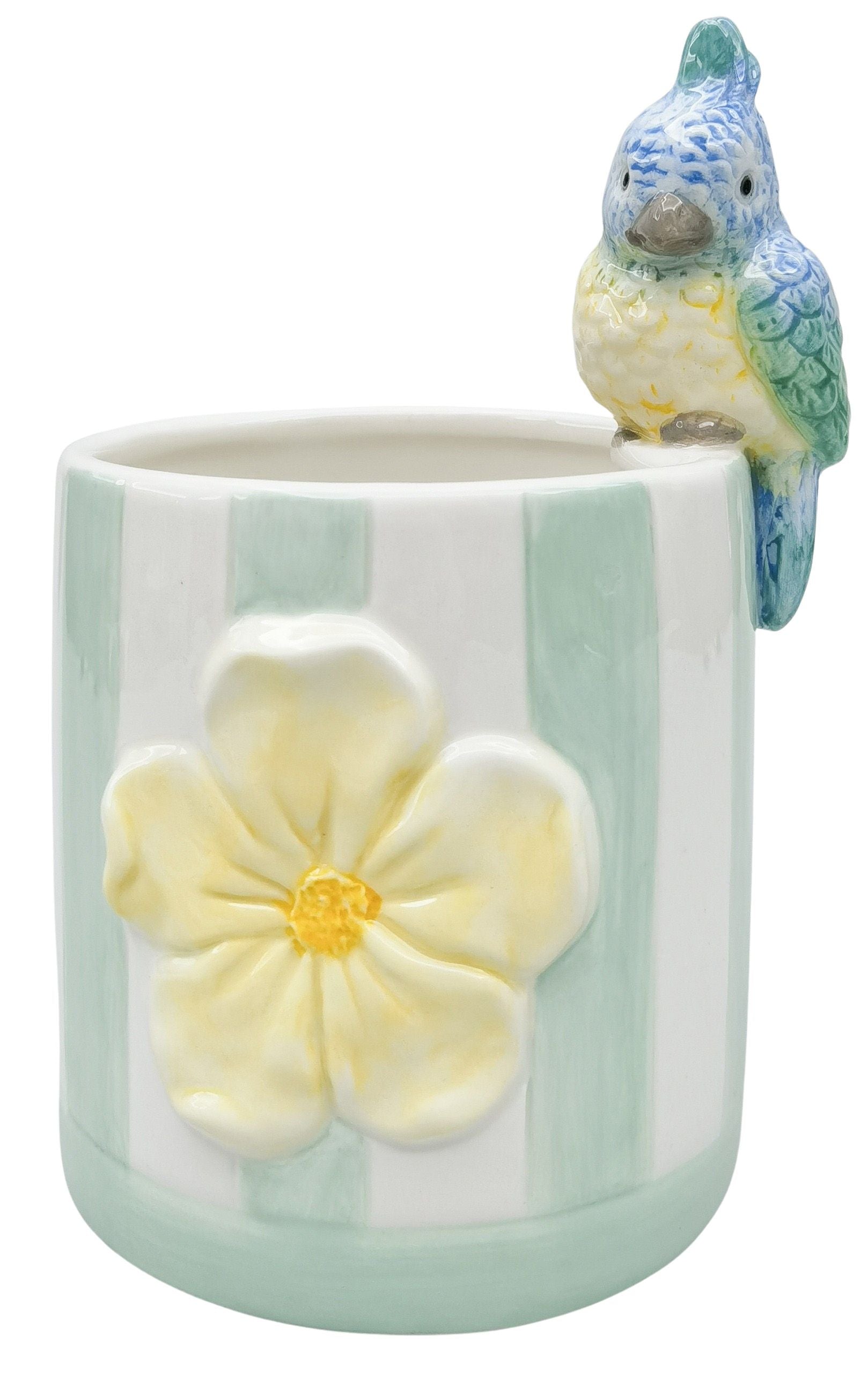 Urban Products Perdy Parrot Planter in green & yellow ceramic – parrot perched bird pot for small indoor plants or succulents
