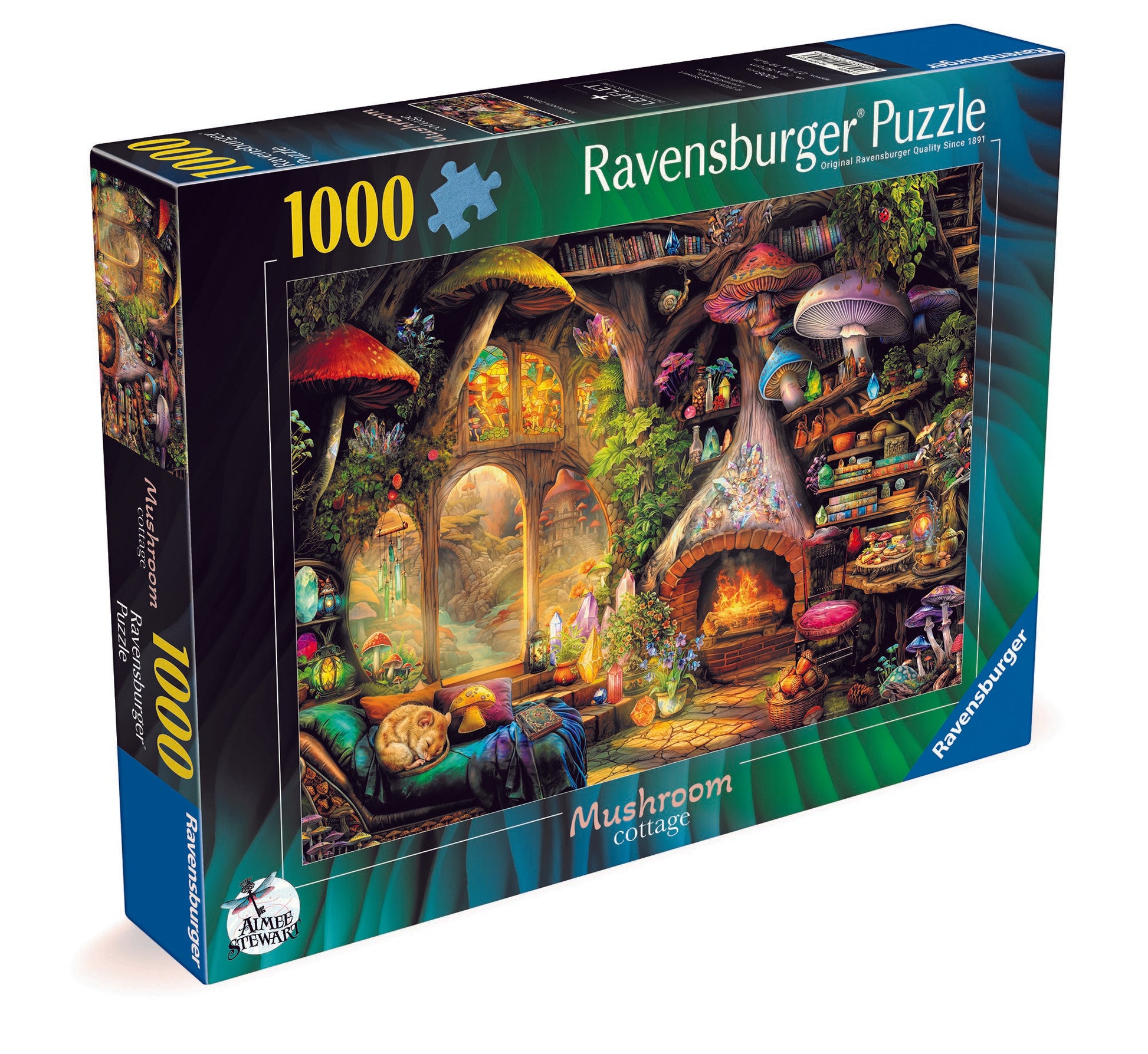 Ravensburger puzzle box with mushroom cottage design on a white background