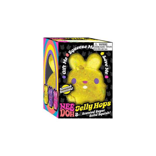 Yellow NeeDoh Jelly Hops Bunny (Scented) Sensory Toy
packaging with colorful text on a white background