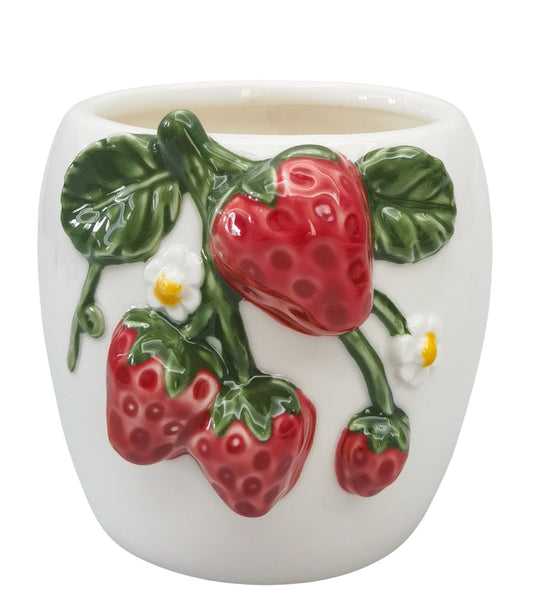 Urban Products Strawberry Planter White & Red 12 cm ceramic pot with red strawberry design and green vine detail – ideal for small indoor plants.