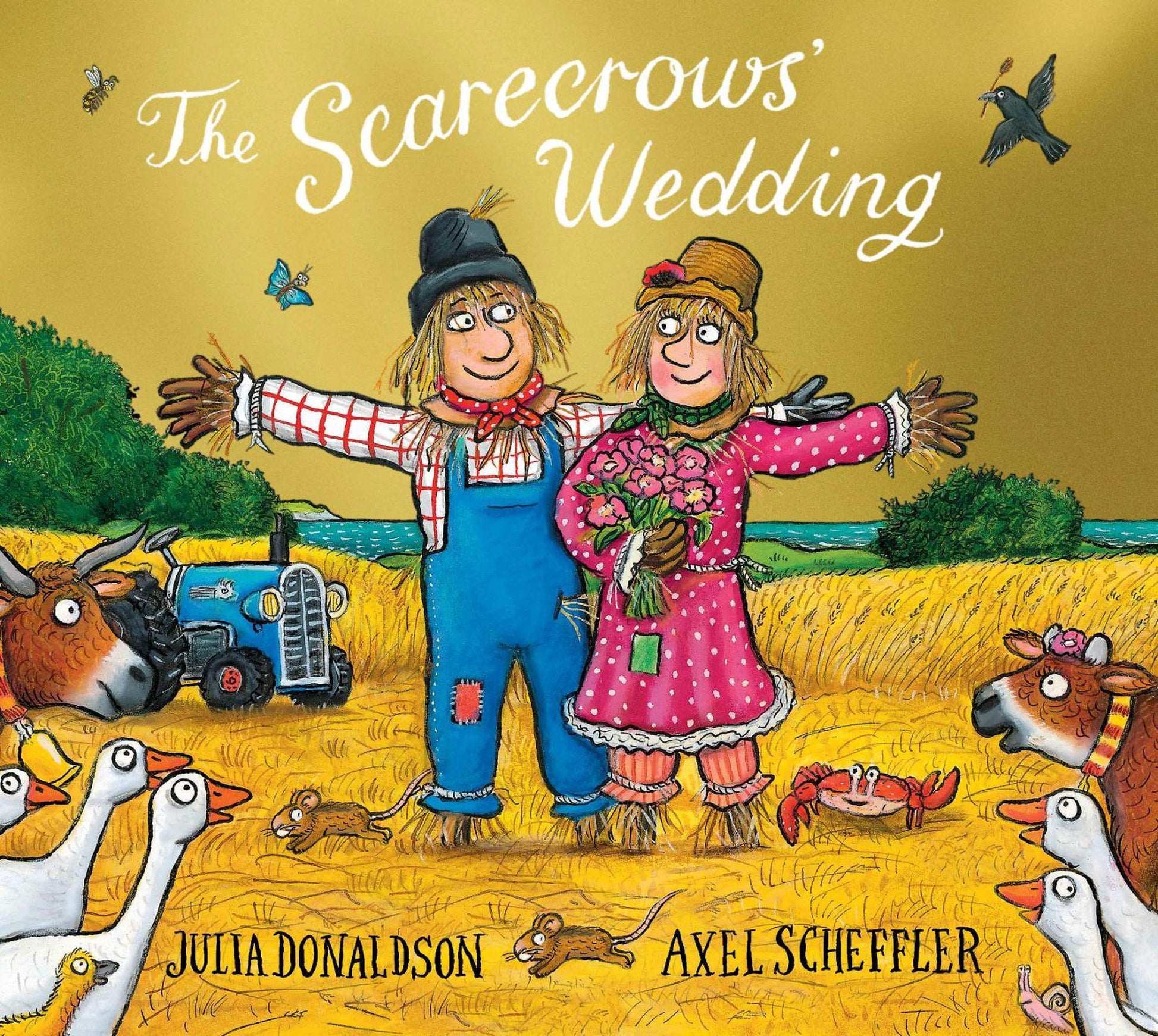 Cover of The Scarecrows’ Wedding by Julia Donaldson & Axel Scheffler — picture book showing two scarecrows in wedding attire in a farm setting