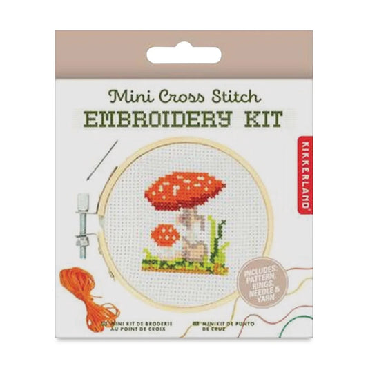 Kikkerland Mini Cross Stitch Embroidery Kit packaging with mushroom design