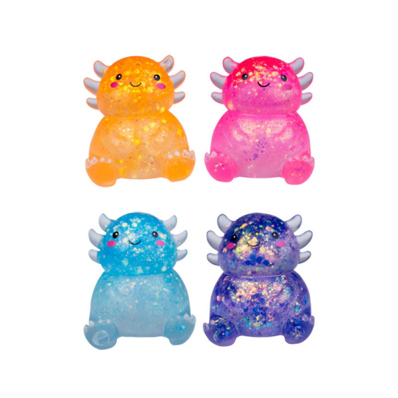 Four colorful, Smooshos Super Squeeze Glitter Axolotl figurines on a white background