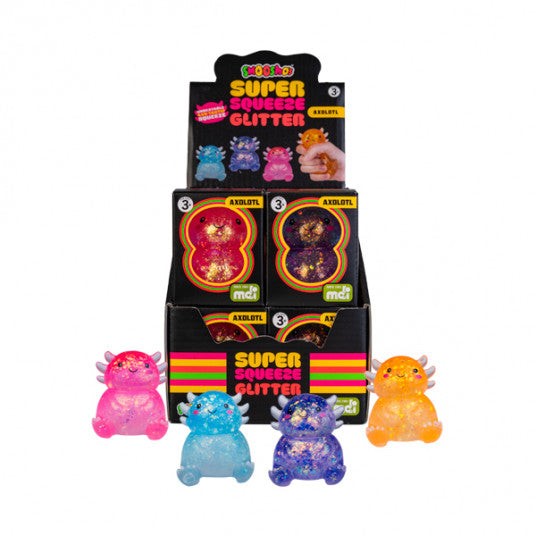 Display of 'Super Squeeze Glitter' toys with colorful packaging on a white background